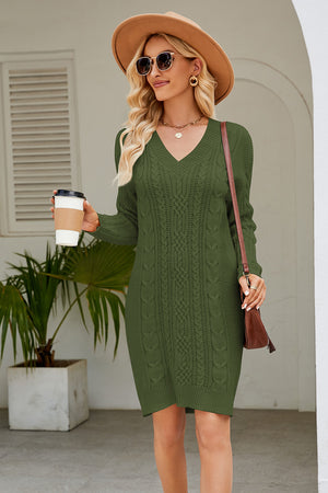 Matcha green cable knit bodycon mini dress with V-neck and long sleeves.