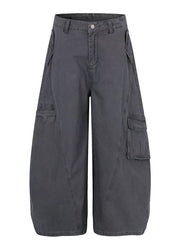 Grey wide-leg cargo pants with multiple pockets and contemporary stitching.