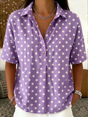 Full Size Polka Dot Short Sleeve Shirt Plus Size, model styling view