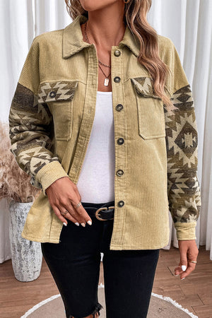 Corduroy jacket in chartreuse with Aztec patterned sleeves and chest pockets.