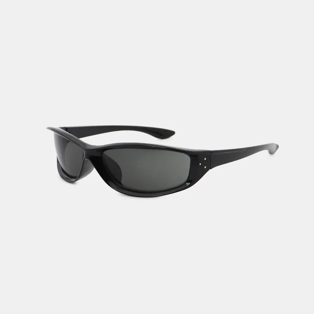 Black sculpted sport sunglasses with dark lenses and silver stud accents.