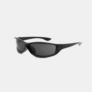 Black sculpted sport sunglasses with dark lenses and silver stud accents.