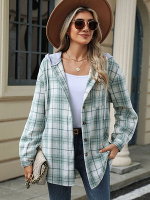 Light Green hooded plaid shacket with button front and grey drawstring hood.