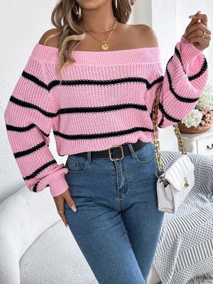 Off-the-shoulder pink striped knit pullover sweater with balloon sleeves.