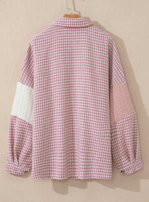 Dusty pink houndstooth shacket with quilted panel details on sleeves.