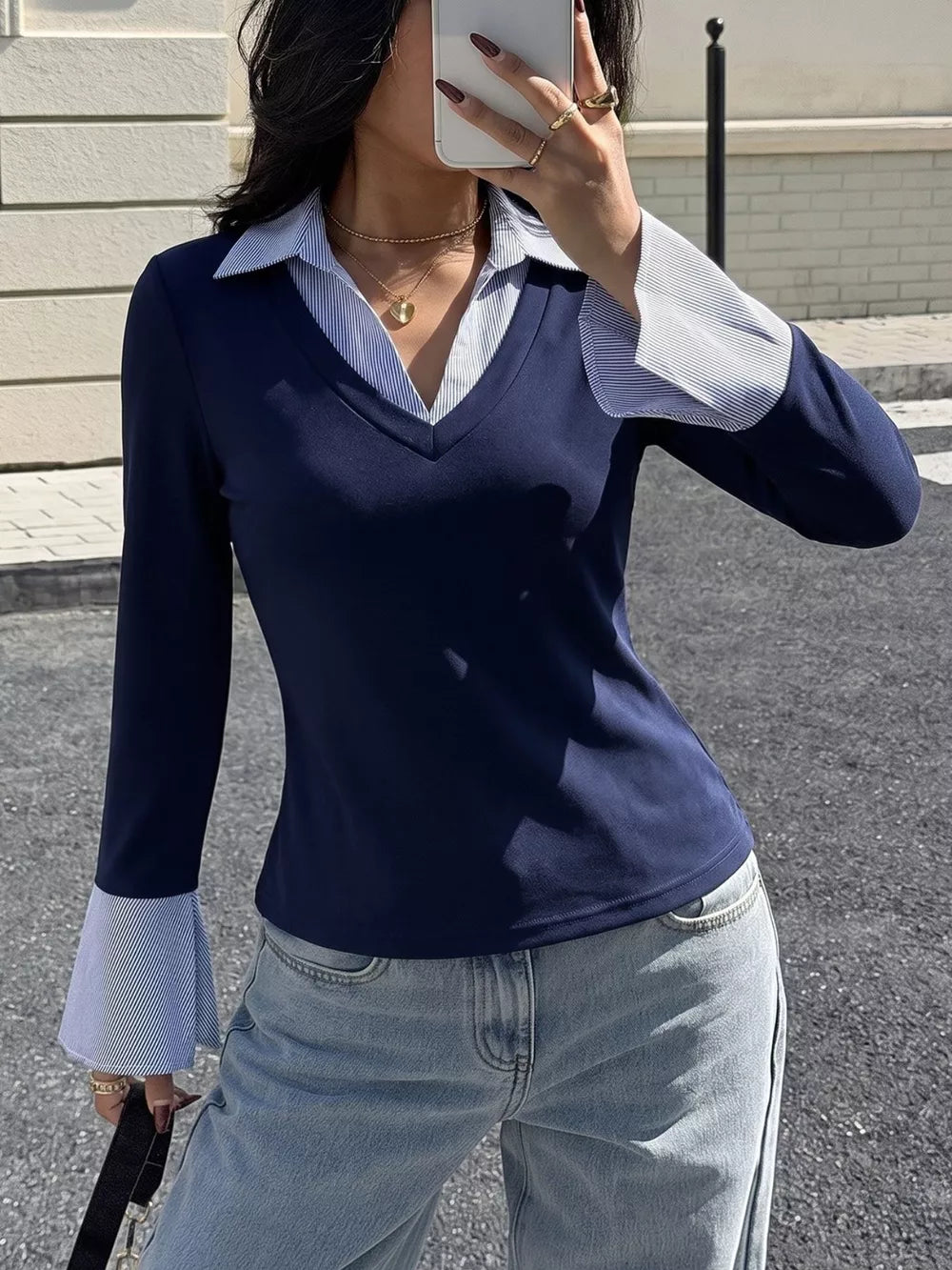 Contrast Collar Long Sleeve Top in Dark Blue, front view