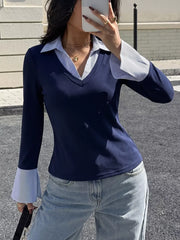 Contrast Collar Long Sleeve Top in Dark Blue, front view