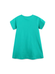 Toddler cotton dress in teal with short sleeves and round neckline, featuring a dog design.