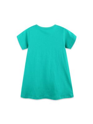Toddler cotton dress in teal with short sleeves and round neckline, featuring a dog design.