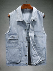 Light blue denim vest for men with button front and chest pockets