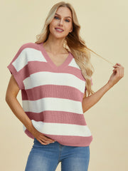 Bold Stripe Cap-Sleeve Knit Top in Dusty Pink and White, V-neck casual sweater