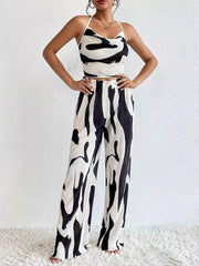 Black and white abstract print crop top and wide leg pants set