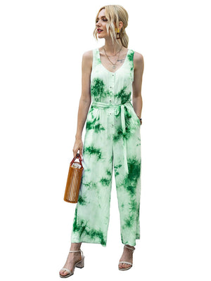 Green tie-dye button-down jumpsuit with V-neck, sleeveless, belted waist, and wide legs.