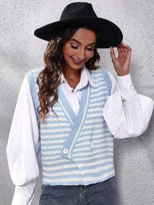 Light blue and white striped knit vest with double-breasted detail and V-neck.