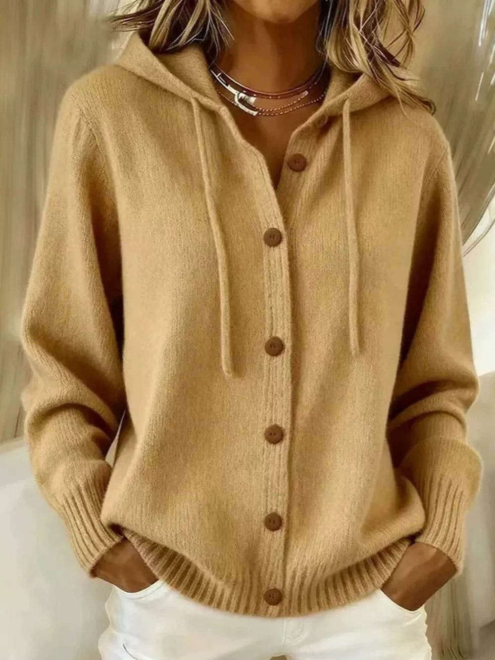 Hooded Button-up Cardigan in Pink, model styling view