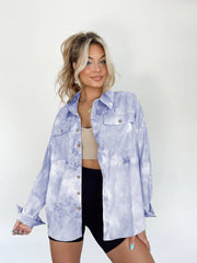 Cloud Wash Overshirt in Misty Blue with patch pockets and button front, styled casually.