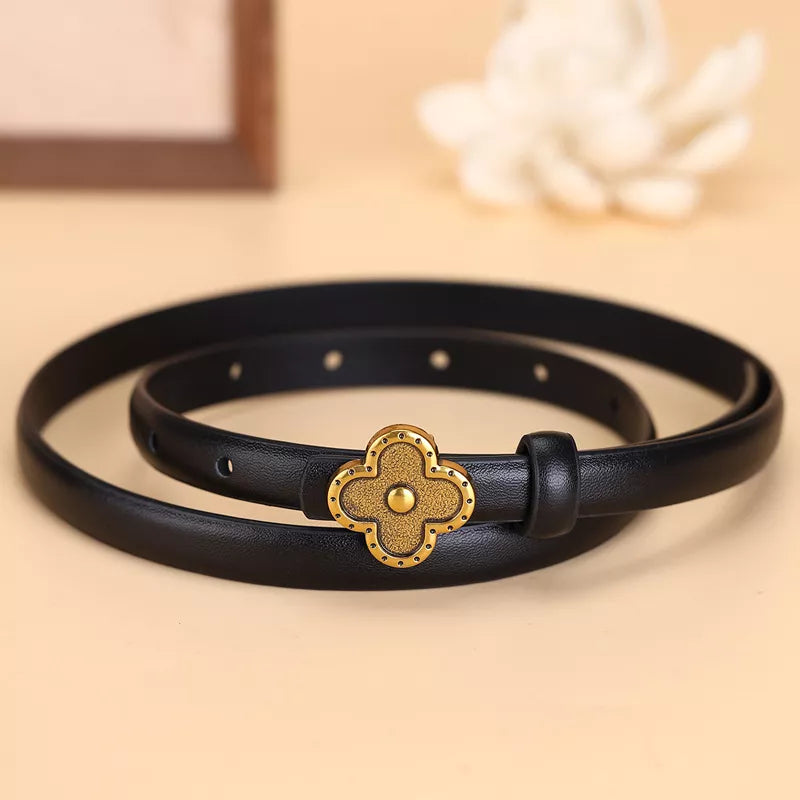Black leather belt with antique gold clover buckle