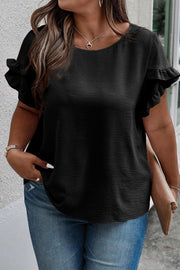 Black textured blouse with ruffle sleeves and crew neck, made of polyester.