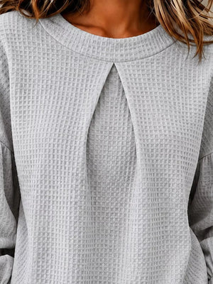 Waffle Knit Round Neck Top in Burgundy, fabric detail