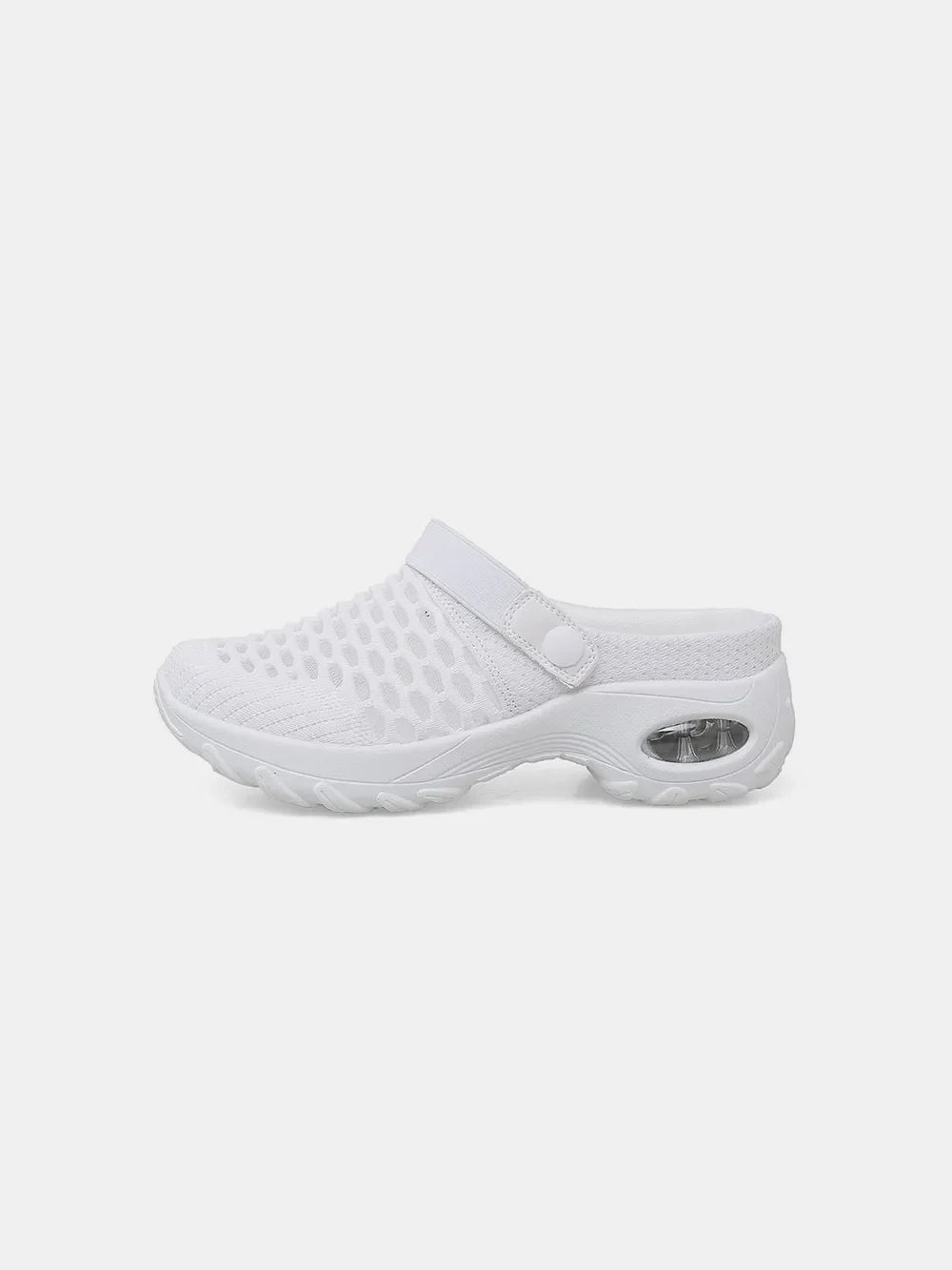 White air cushion mesh slingback clogs with a clear heel detail.