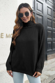 Black ribbed turtleneck sweater with raglan sleeves and a casual fit.