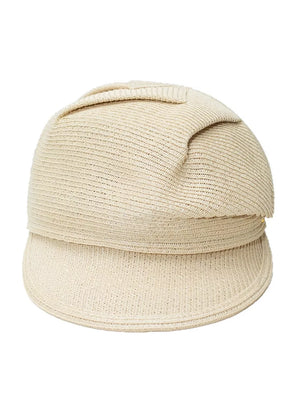 Beige woven newsboy cap with a textured band and brim.