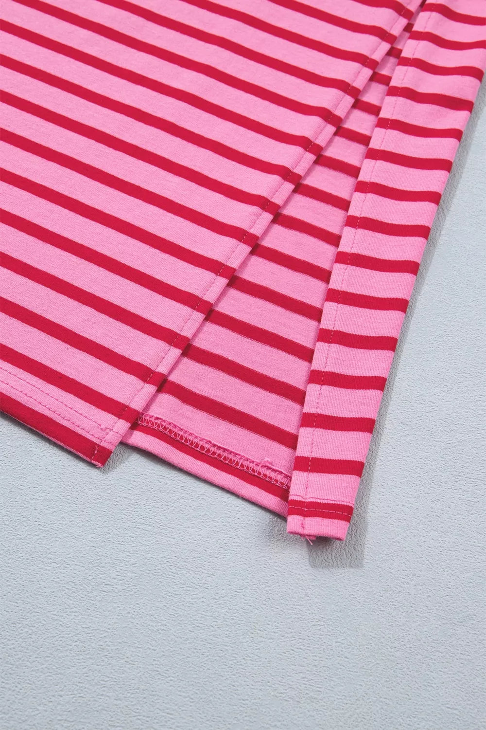 Pink and red striped cotton maxi tee dress with scalloped trim detail