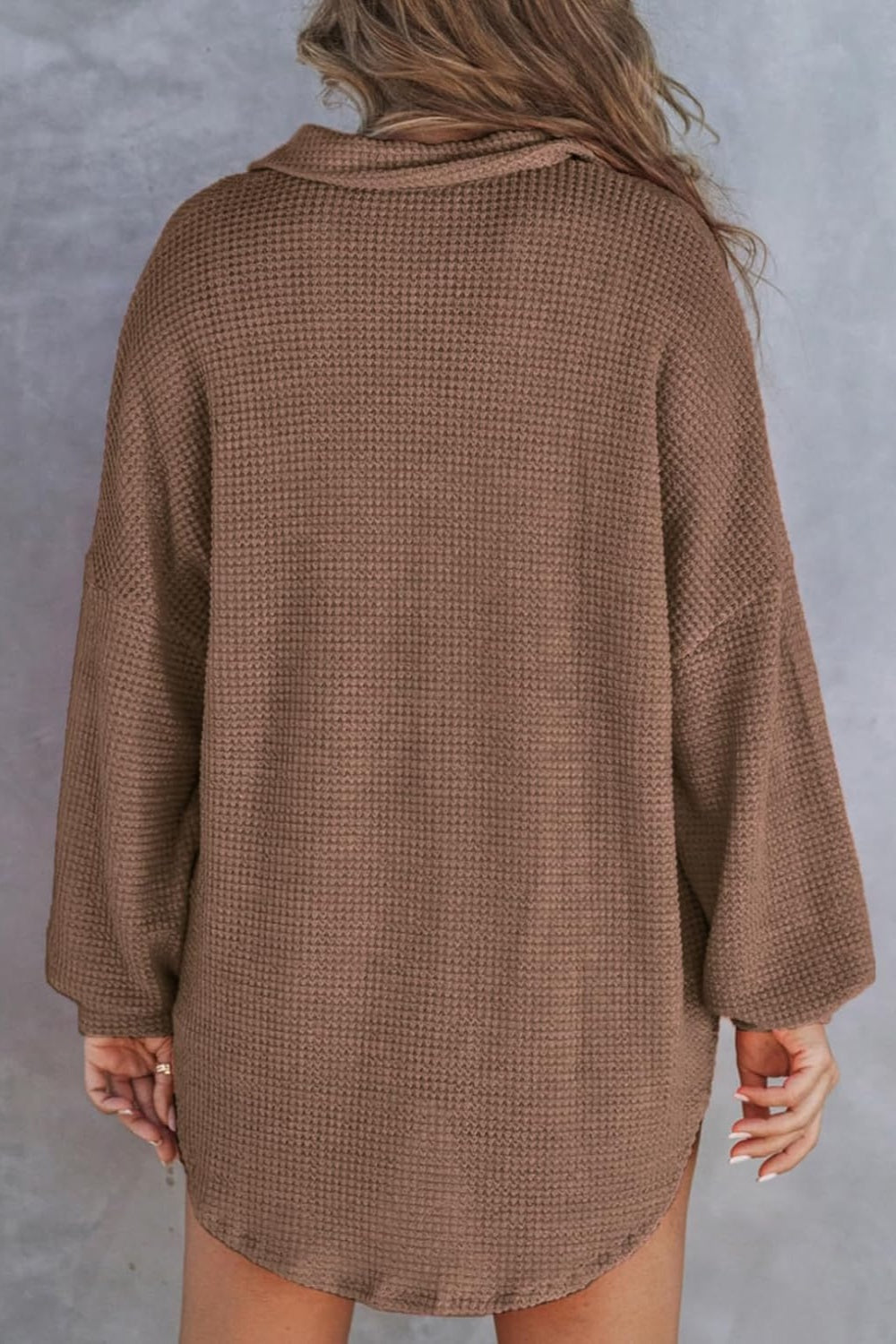 Waffle knit henley shirt in coffee brown with button neckline and long sleeves.