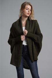 Dark Green Cocoon Knit Sleeve Cardigan with shawl collar and ribbed cuffs.