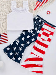 White ruffle tank top with patriotic star print and striped bell bottom pants.