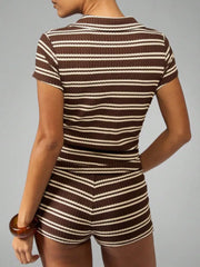 Chic striped knit two-piece set in Coffee Stripes, featuring a short sleeve top and shorts.