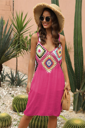 Hot Pink crochet yoke cover-up dress with colorful granny square detail and V-neck.