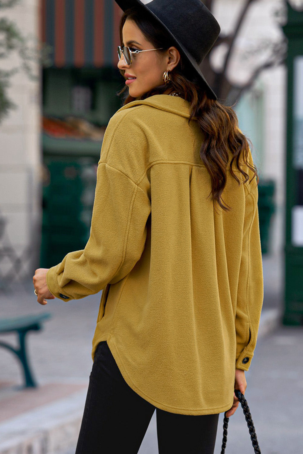 Fleece shirt jacket in Chartreuse with patch pockets and a relaxed fit.