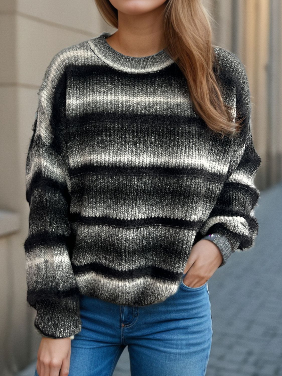 Ombre stripe fluffy knit crewneck jumper in black with a relaxed fit.