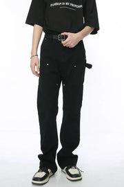 Black wide leg carpenter pants with utility details and silver hardware.