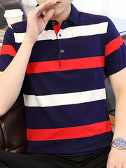 Men's navy, red, and white striped cotton polo shirt with buttoned placket.