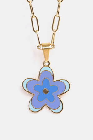 Enamel floral pendant chain necklace with gold-plated links and a multi-tone blue flower charm.