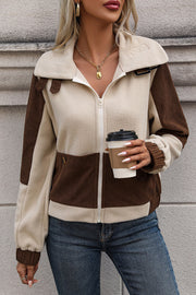 Colorblock corduroy fleece jacket in chocolate and beige with a zip front and collar detail.