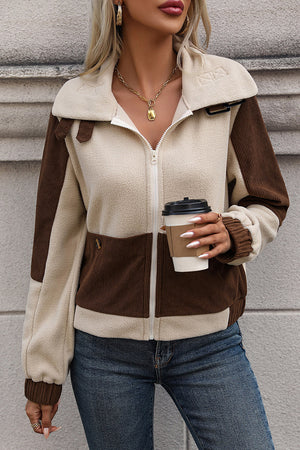 Colorblock corduroy fleece jacket in chocolate and beige with a zip front and collar detail.