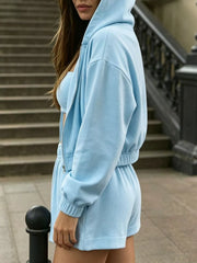 Zip Up Cropped Hoodie And Shorts Set in Pink, product detail
