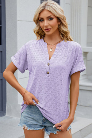 Lavender textured henley tee with rolled sleeves and button detail.