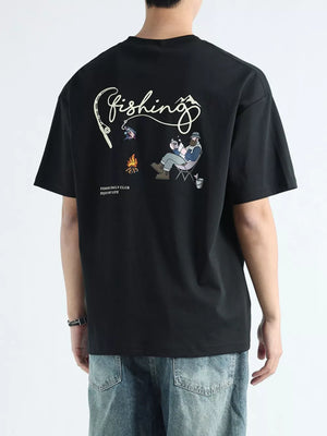Black cotton graphic tee with fishing scene and text on back.