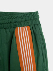 Green athletic-chic two-piece set shorts with orange and white side stripes and elastic waistband.
