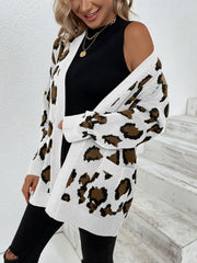 White leopard print open-front knit cardigan with pockets