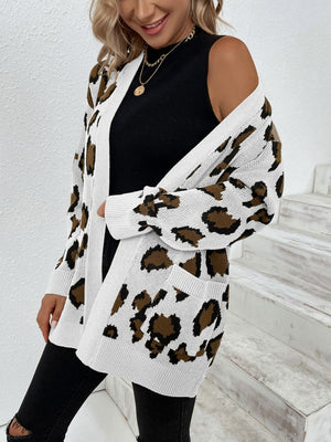 White leopard print open-front knit cardigan with pockets