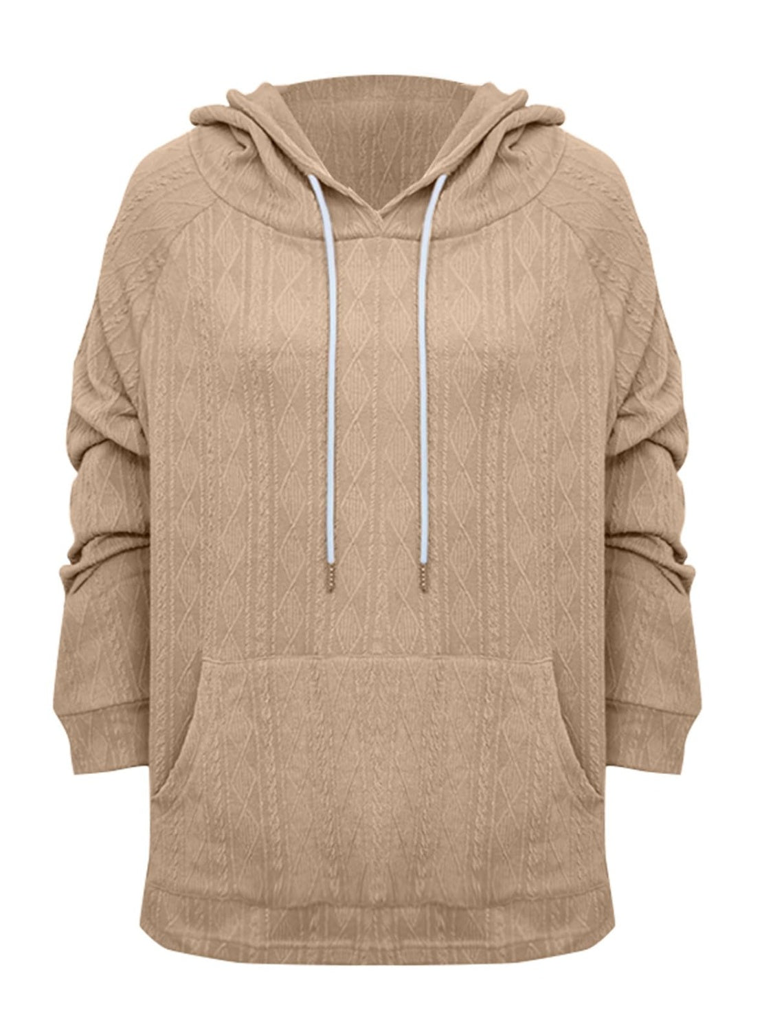 Camel textured knit raglan hoodie with drawstring and front pocket.
