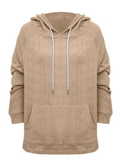 Camel textured knit raglan hoodie with drawstring and front pocket.