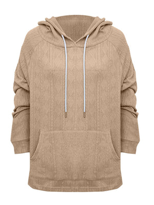 Camel textured knit raglan hoodie with drawstring and front pocket.