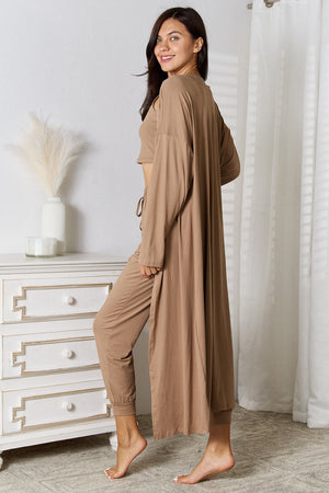 Mocha loungewear set with long cardigan, crop top, and jogger pants.