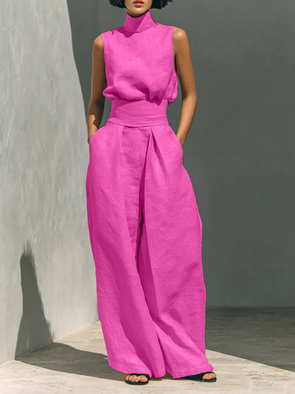 Sleeveless Wide-leg Jumpsuit With Smocked Waist in Apricot, view 15
